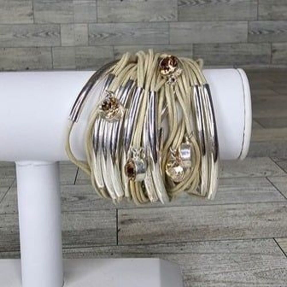 Gillian Julius Multi Strand Sand Color & Rhinestone, Silver Tube Bracelet 8"L